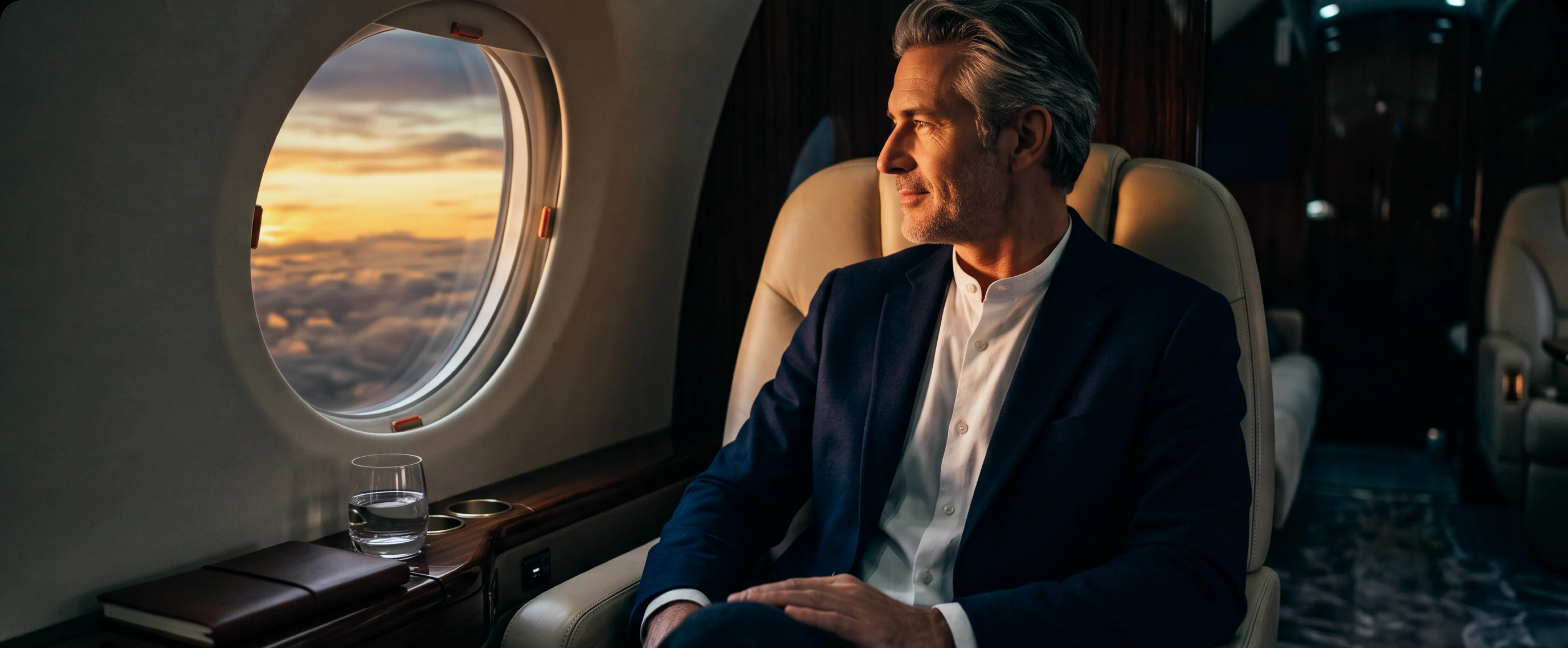 A man in a suit in the cabin of a private jet, looking out of the window at a sunset above the clouds